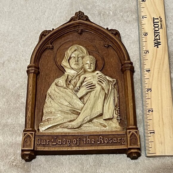 Our Lady of the Rosary" Virgin and Child Bas Relief Wall Hanging - Vintage | Vin - Picture 11 of 13